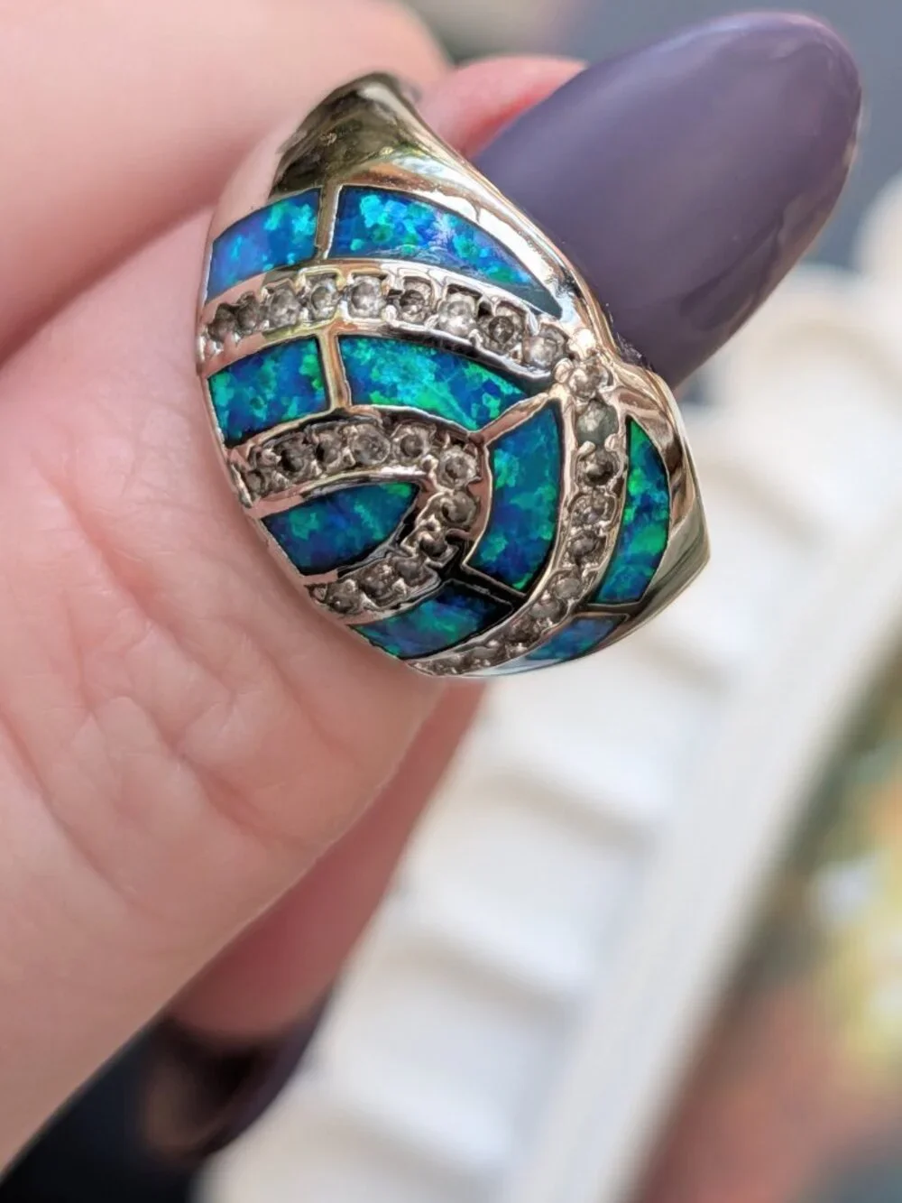 Vintage Sterling Silver & Blue Rainbow Opal Triple Arch Ring, Size 6